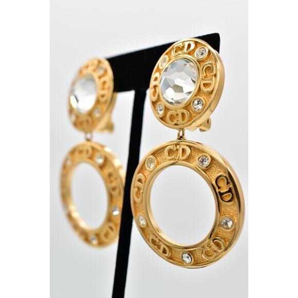 Christian Dior Vintage CD Logo Clip On Earrings Crystal Gold Chunky Signed Bin5 - Picture 2 of 12